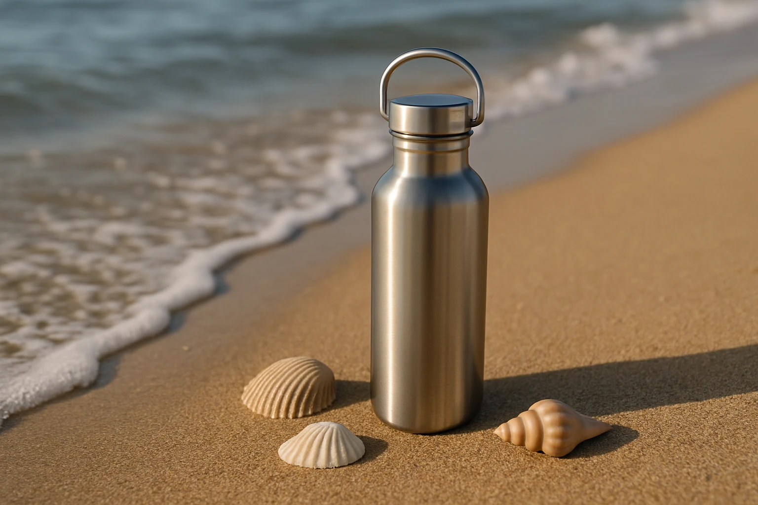 A stainless steel reusable water bottle is perched on the edge of a sandy beach with gentle waves lapping nearby, surrounded by seashells, highlighting its eco-friendly nature and versatility for outdoor adventures.