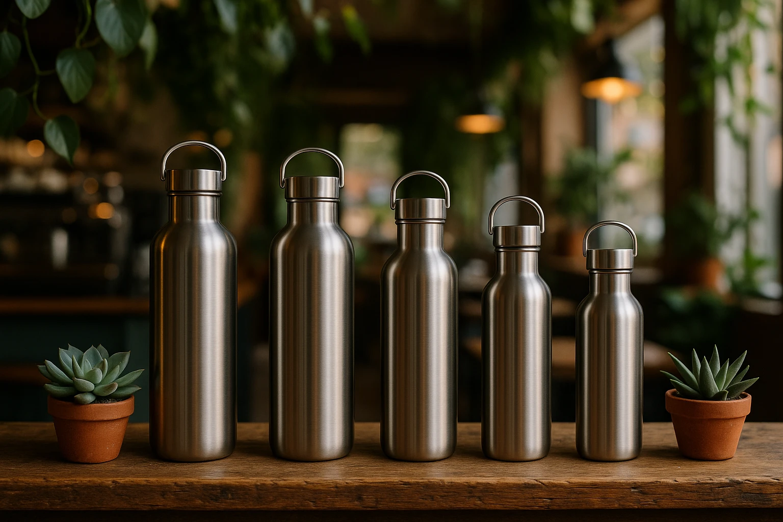 An array of stainless steel reusable water bottles stands on a rustic wooden shelf in a cozy, plant-filled coffee shop, accompanied by small potted succulents, showcasing an eco-friendly and stylish hydration choice in a relaxed urban setting.