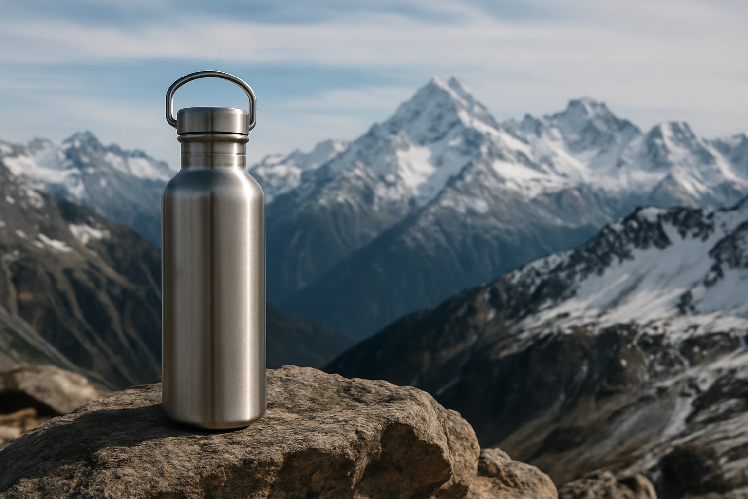 A stainless steel reusable water bottle balanced on a rocky mountain ledge with a panoramic view of snow-capped peaks in the distance, illustrating its durability and suitability for rugged adventures.