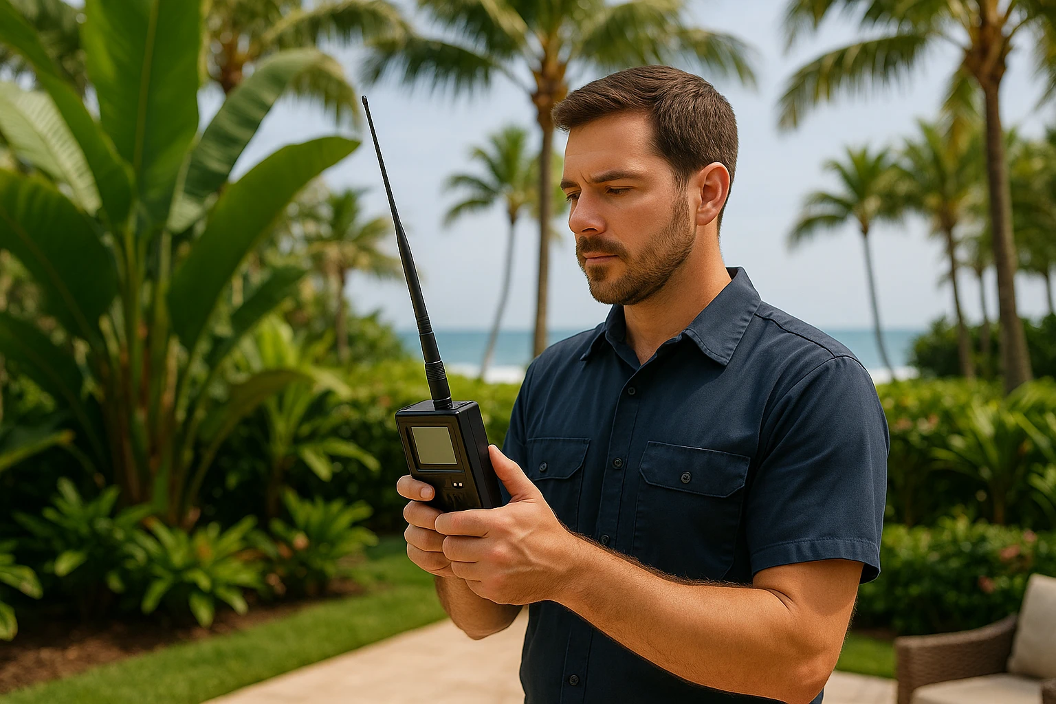 A technician stands on a lush patio in Jupiter, Florida, using a handheld RF detector to scan for hidden bugs, surrounded by tropical plants and the faint sound of ocean waves.