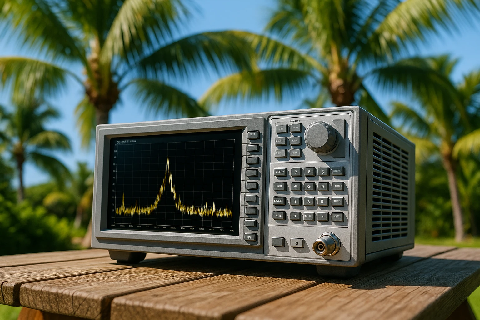 A close-up of a sophisticated spectrum analyzer resting on a wooden picnic table in a tropical garden in Jupiter, Florida, with palm leaves and a clear blue sky in the background.
