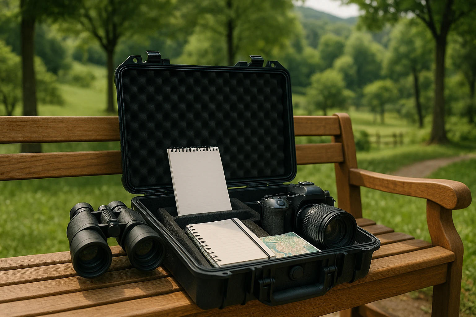 A private investigator's toolkit lying open on a wooden park bench in Asheville, surrounded by scenic greenery, with a pair of binoculars, a notepad, a camera, and a small map of the city visible.