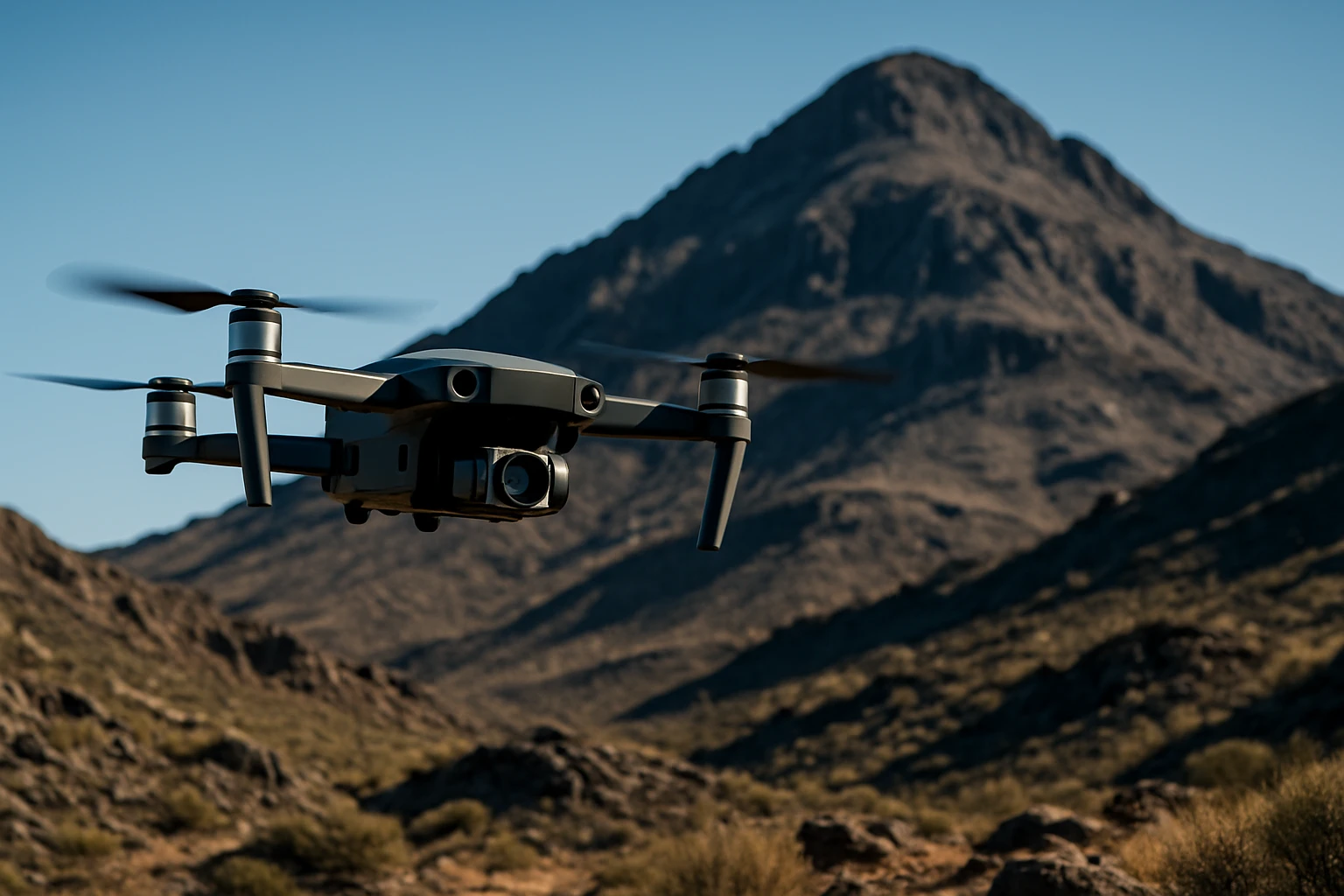 A private investigator's sleek drone equipped with a camera hovers over the rugged landscape of Black Mountain, capturing high-resolution images, with the majestic mountain range visible in the background under a clear blue sky.