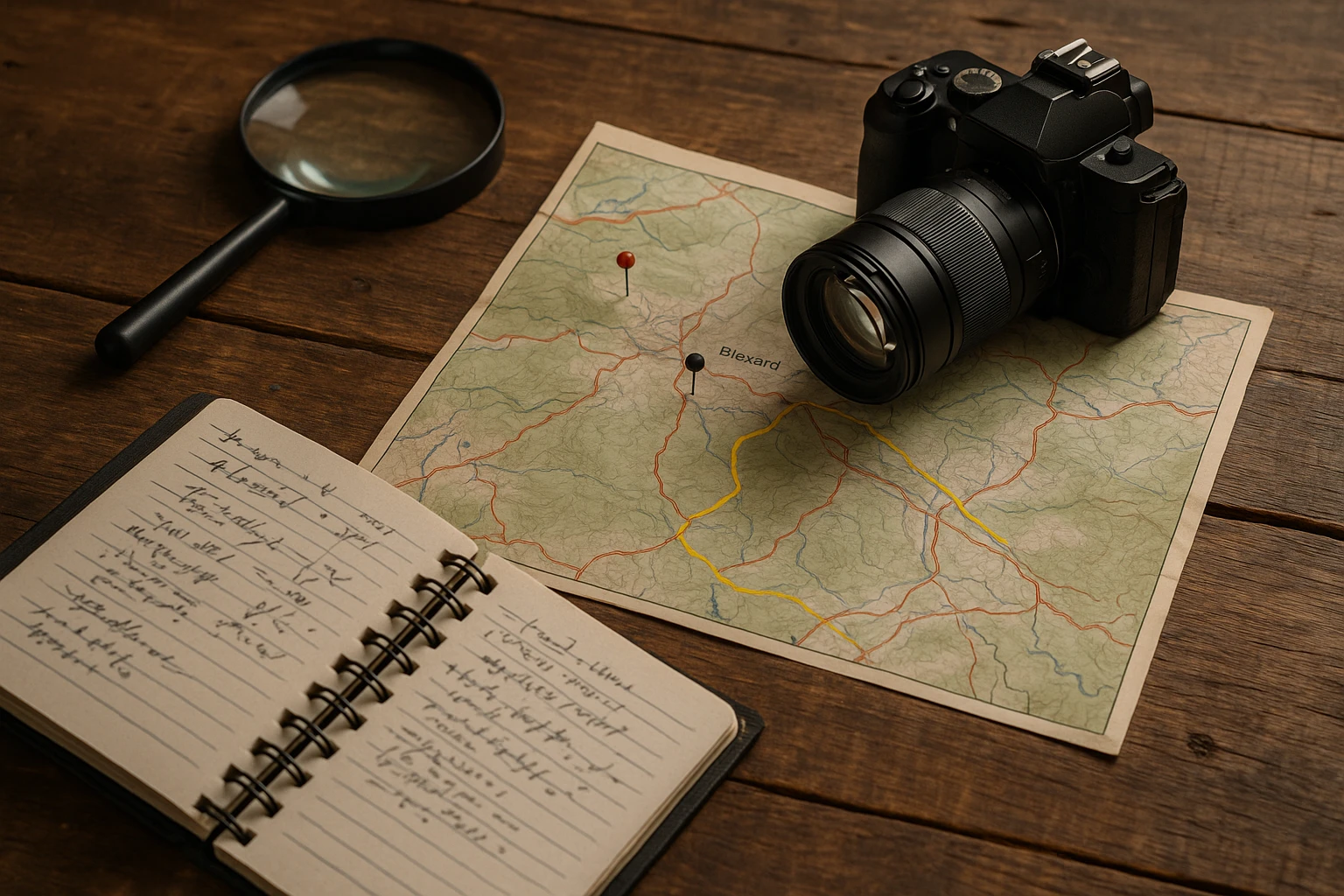 A private investigator's toolkit laid out on a rustic wooden table, featuring items like a magnifying glass, a small camera with a telephoto lens, a notebook with scribbled notes, and a Brevard, North Carolina map marked with pins and highlighted routes.