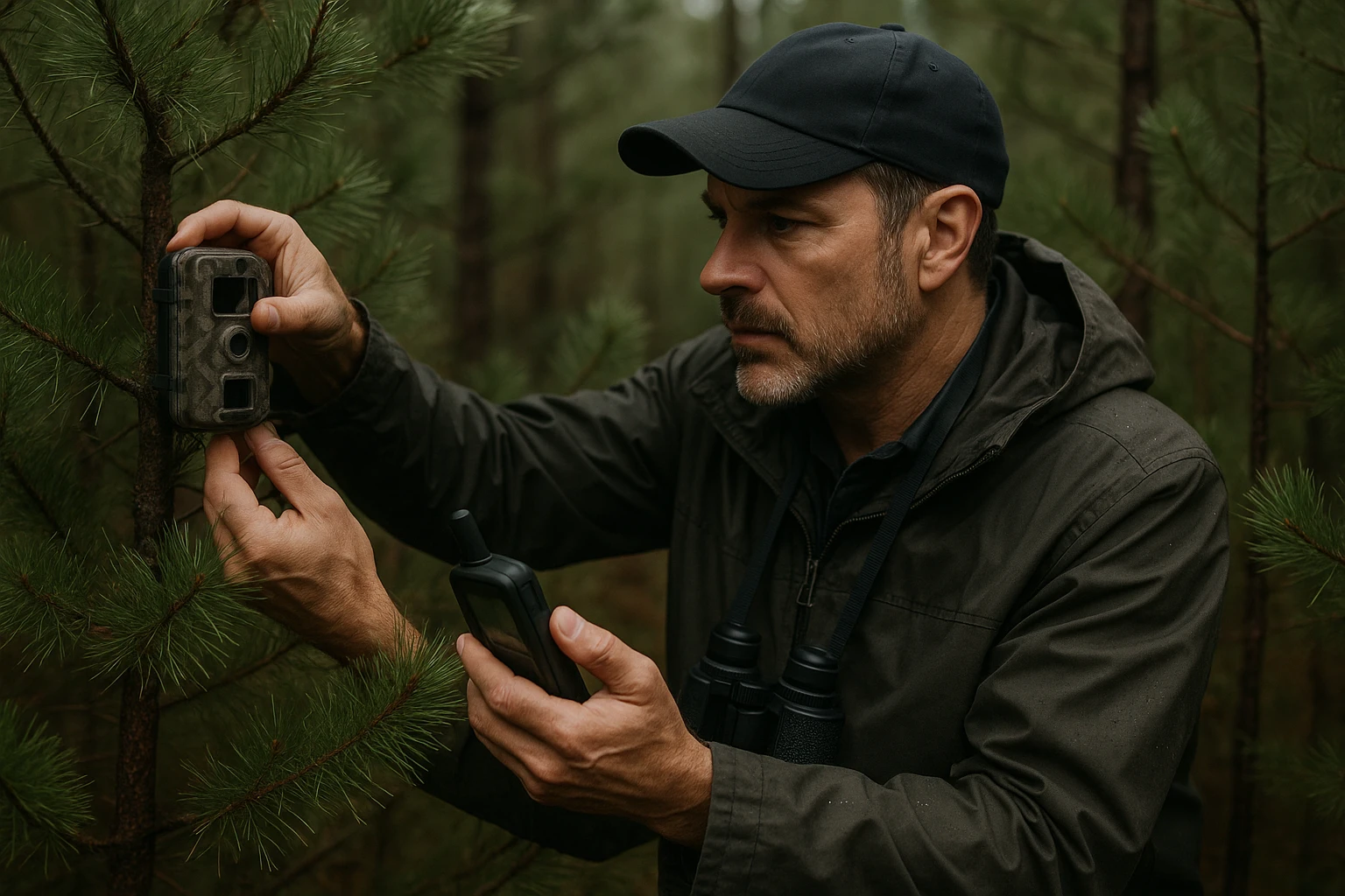 A private investigator in Brevard, North Carolina, setting up a hidden camera in the dense foliage of a wooded area, surrounded by pine trees and utilizing binoculars and a GPS device for remote surveillance efforts.