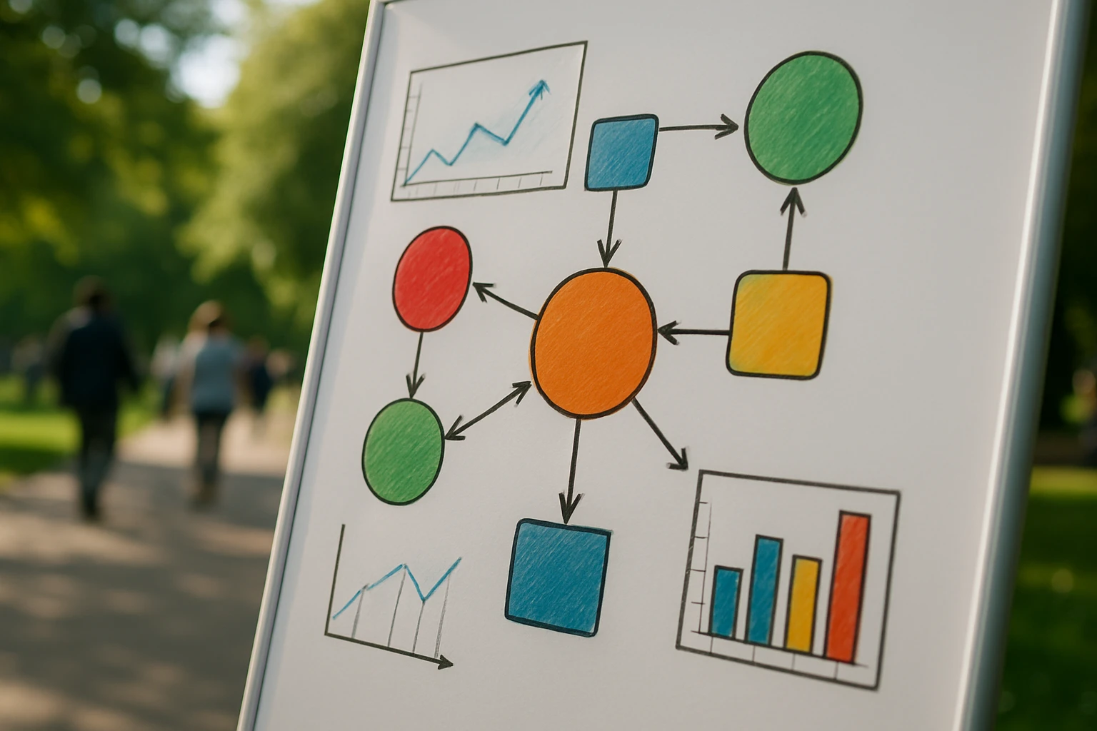 A close-up of a colorful flowchart on a whiteboard with interconnecting data points and analytical graphs, set outdoors in a park where people are walking in the background.