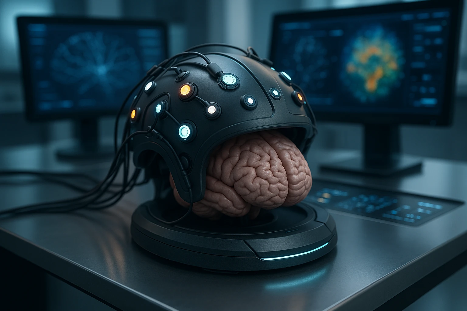 A close-up of a futuristic brain scanner device on a sleek, metallic table in a modern laboratory, surrounded by light indicators and digital displays showing neural patterns.